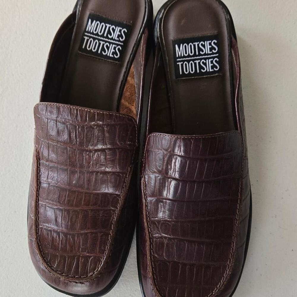 vintage 90s mootsie tootsies oslo brown leather moc croc mules w square heel 7.5